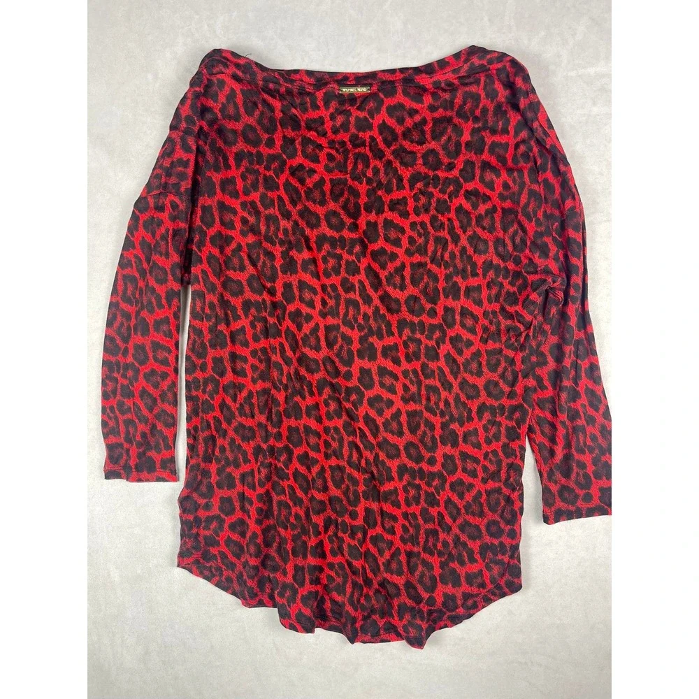 Michael Kors Red Black Leopard Print Scoop Neck Long Sleeve Top XS Animal‎ Print